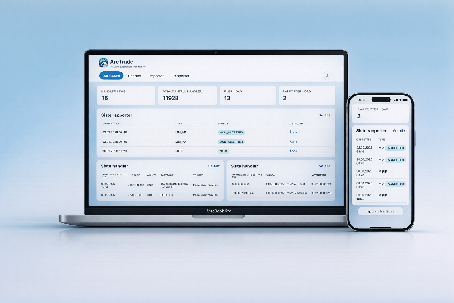 Skjermbilder av ArcTrade på Mac og iPhone
